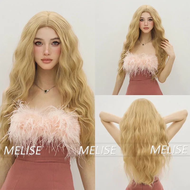 

Hot-selling in Europe and America, golden medium water ripple long curly hair, chemical fiber full head wig