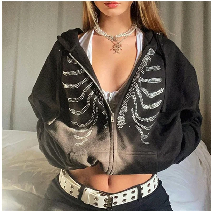 Women Gothic Black Zip Up Oversized Sweatshirts Y2K Rhinestone Skeleton Hoodies Female Retro Harajuku Hooded Jacket Streetwear