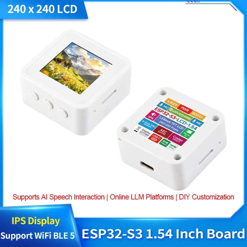 Carte de développement ESP32-S3 avec écran IPS couleur 262K de 1,54 pouce (240x240), prise en charge de deux microphones, Wi-Fi, BLE 5 et interaction vocale IA
