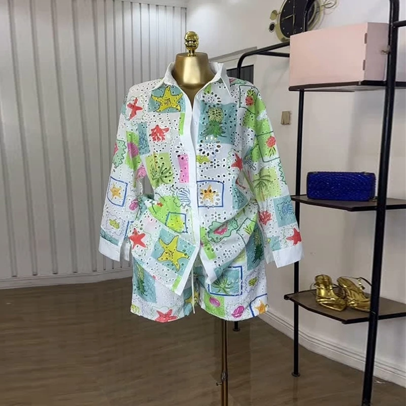 

Fashionable Printed Hollow Out Collar Long Sleeve Shirt And Short Pants Set Women's Summer 2025 Cross-Border Clothing Ensemble