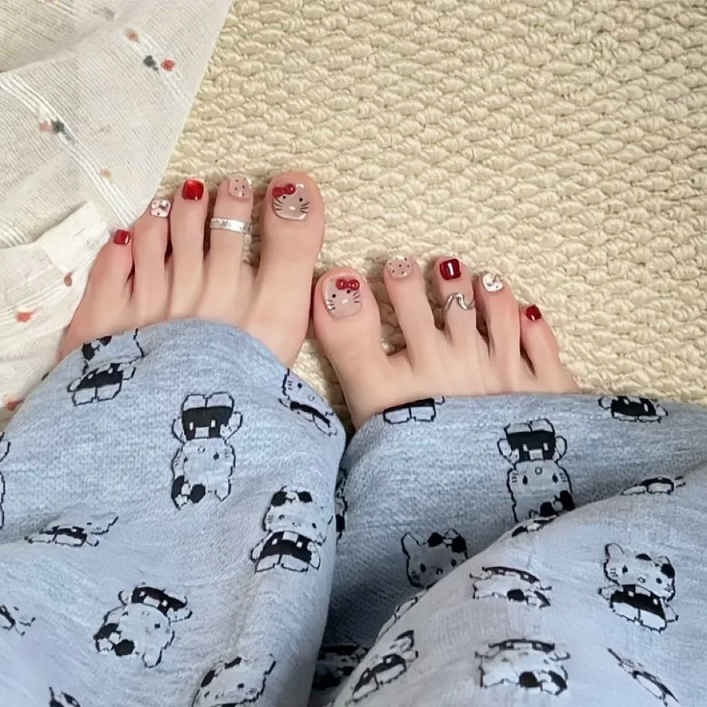 سانريو مرحبا كيتي الأحمر القوس ملصقات الأظافر قطرة الماء نمط ذاتية اللصق كامل مسمار الأظافر الاصطناعية الفتيات لطيف مجموعة طلاء الأظافر