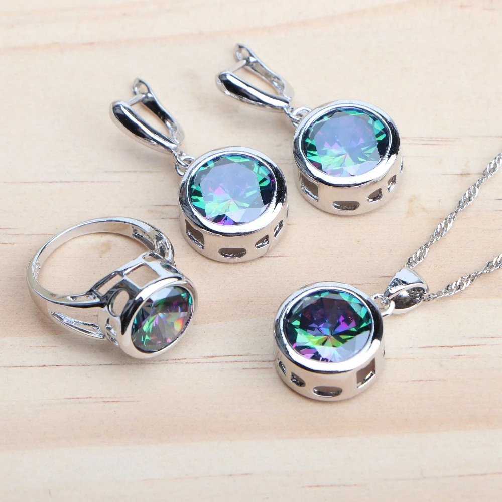 925 Sterling Silver Jewelry Sets Bridal Women Natural Magic Rainbow Zircon Earrings Ring Bracelets Pendant Wedding Necklace Set