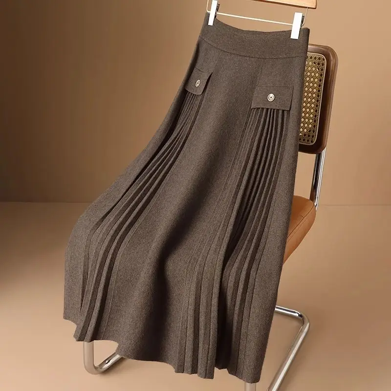 

Autumn Winter Pleated Skirt Women Elastic High Waist Knitted Skirt Pockets Woman Elegant Solid Color A-Line Skirts LJ164