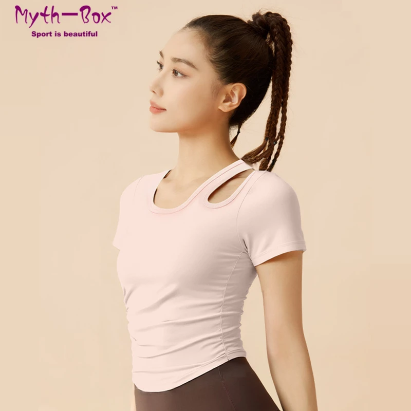

Women Slim Yoga Shirts Padded Short Sleeve Sports T-Shirt Curved Hem Running Shirt Hollow Out Gym Fitness Tops Tee Blouse Female