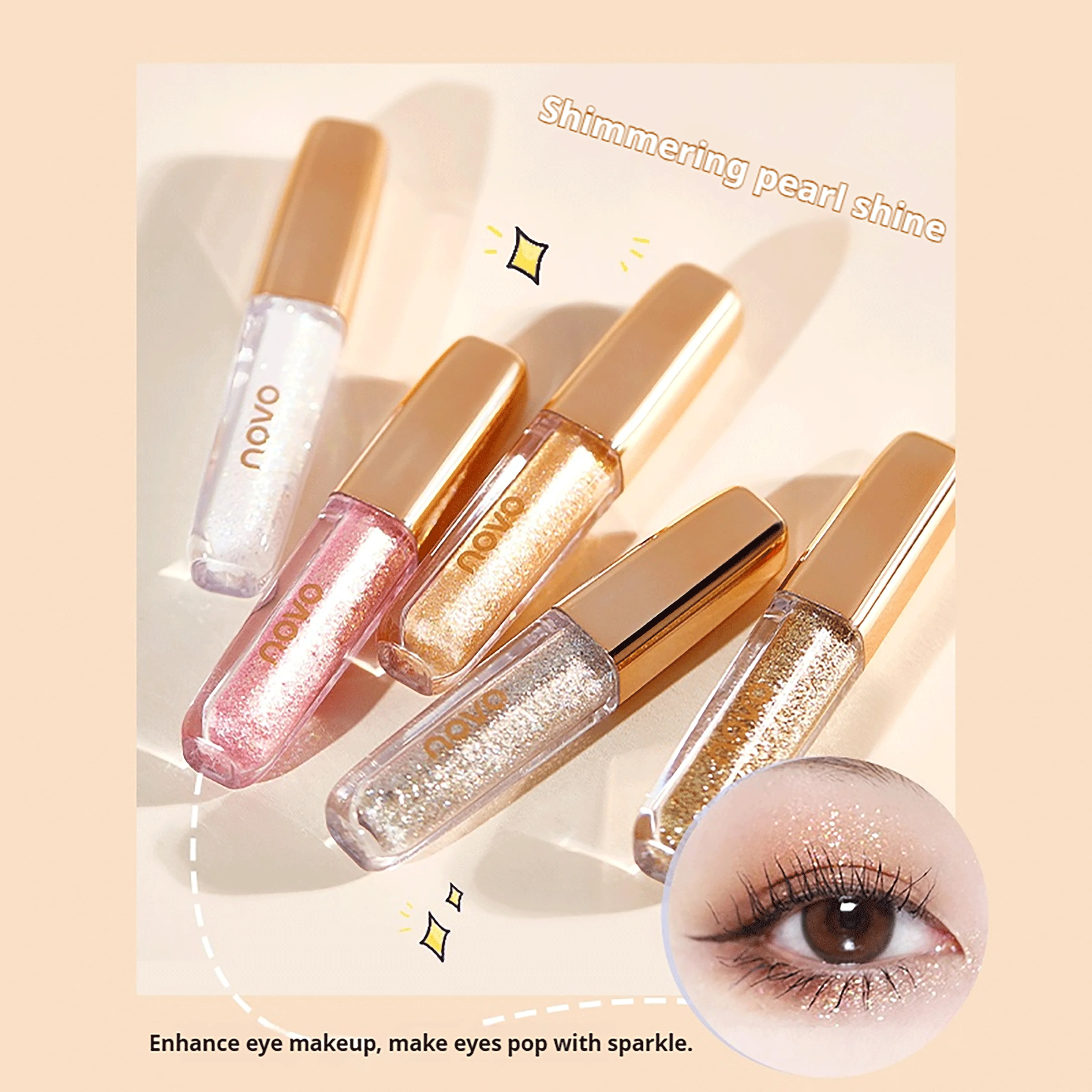 Sombra líquida com acabamento orvalhado, brilho sutil e de longa duração. Ilumina a área de calha de rasgo para um efeito luminoso.