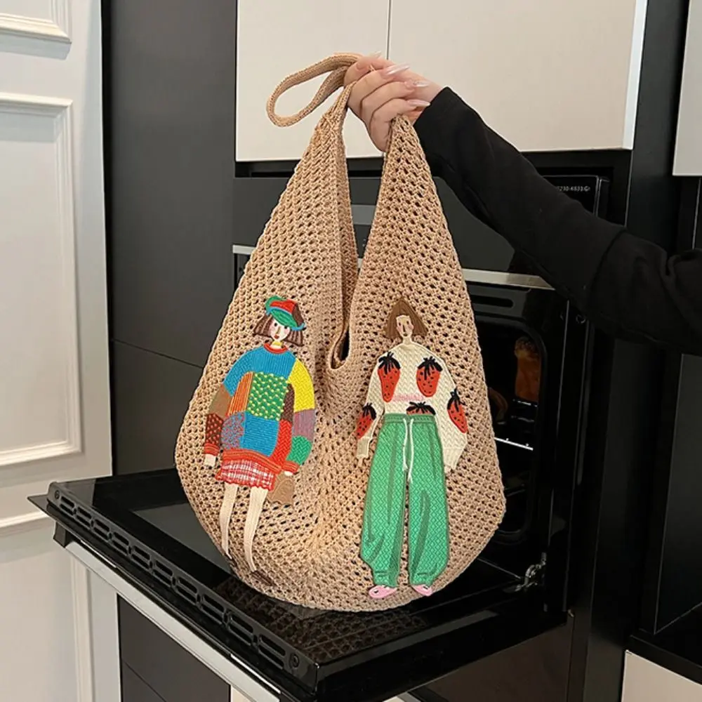 

Creative Sweet Knitted Tote Bag Bohemian Style Hollow Out Weave Shoulder Bag Embroidery Cartoon Crochet Beach Bag Summer