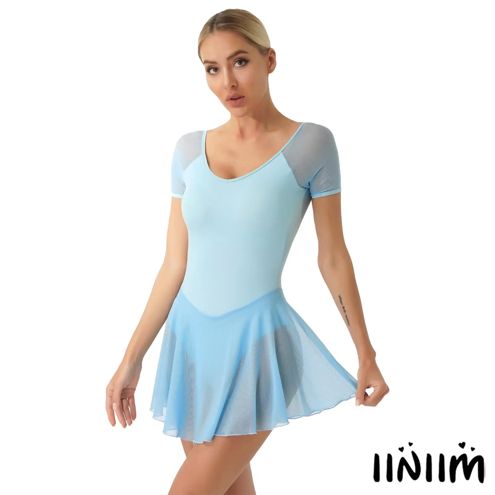 

Womens Ballet Dance Dress Elegant Sheer Mesh Ruffled Skirt with Double-Layer Lining for Dance Practice Gymnastics Exercise