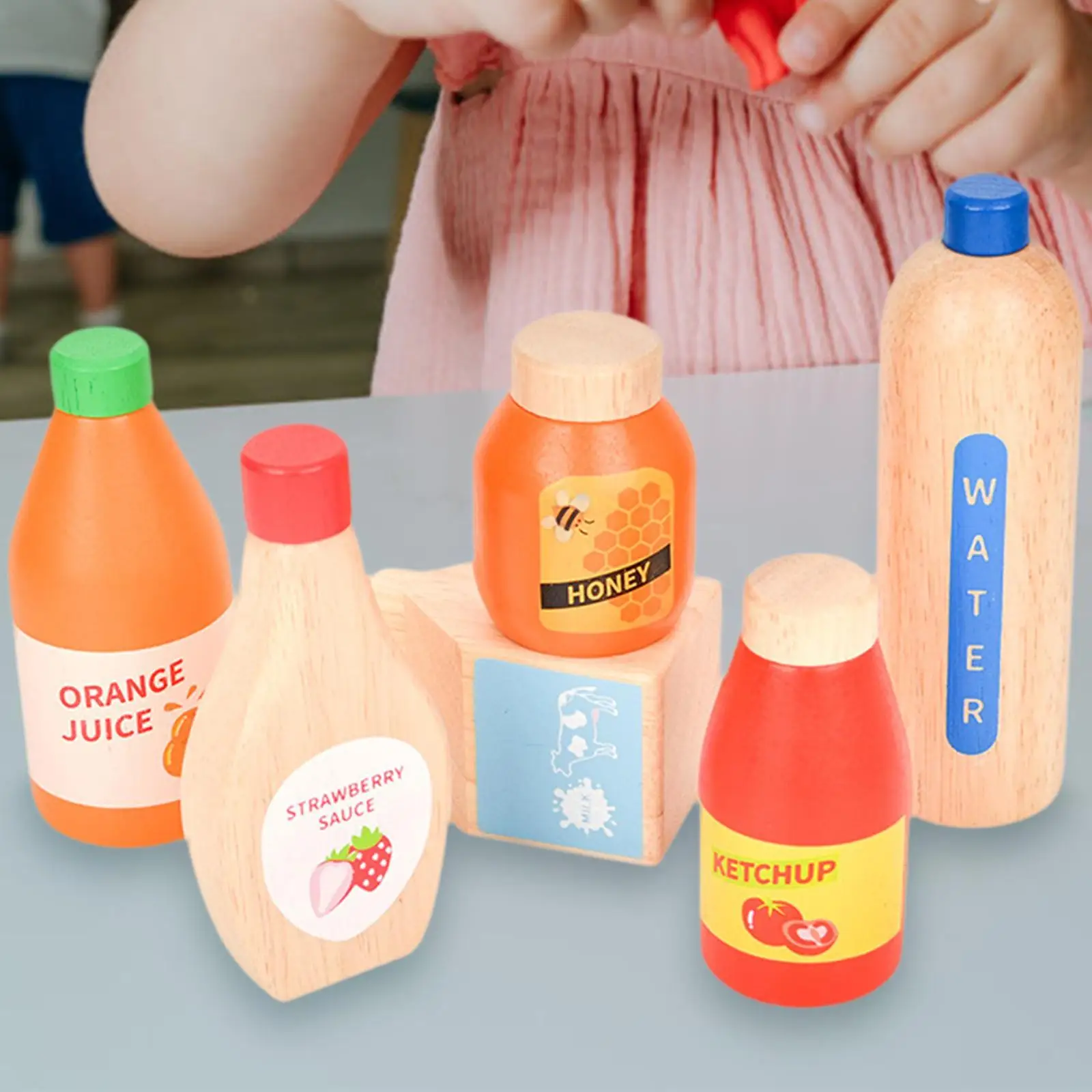 

6x Wooden Drink Juice Bottle Set Pretend Play Simulation Education Small Food