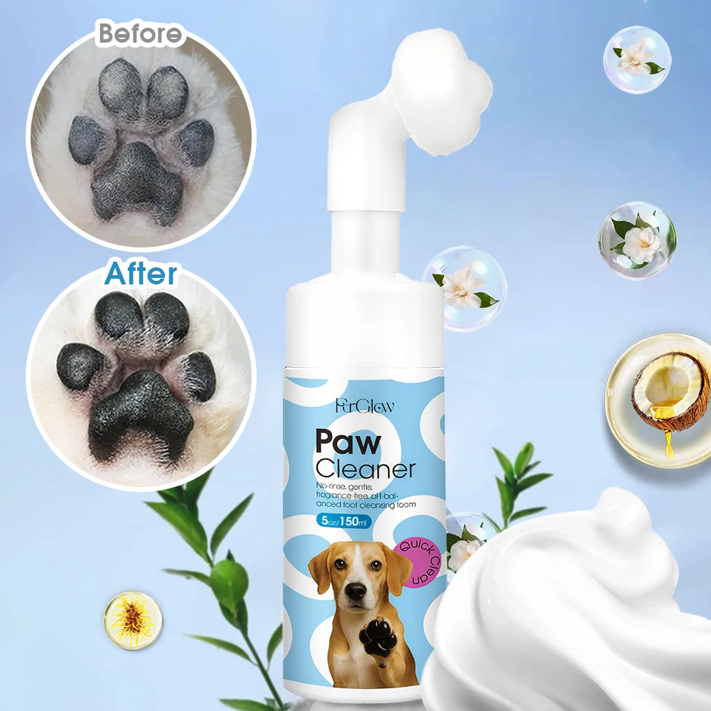Mousse nettoyante pour pattes d'animaux sans rinçage, livrée avec une brosse douce, nettoyant pour pattes doux de 150 ml pour chiens et chats, élimine la saleté et l'odeur, hydrate et désodorisant, pratique pour une utilisation après une promenades ou un exercice en plein air, convient aux soins quotidiens