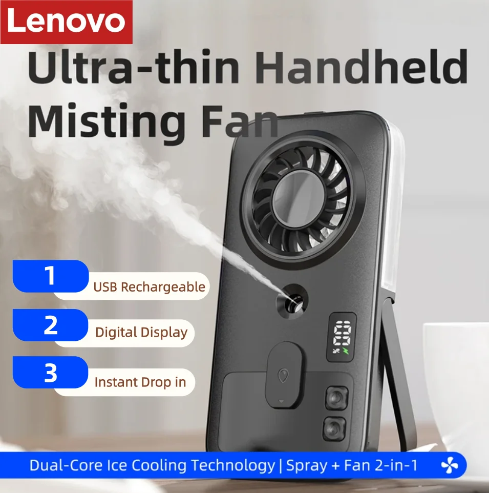 

Lenovo Mini Portable Handheld USB Rechargeable Misting Fan Digital Display Humidifier Outdoor Air Cooler Ventilador Portátil