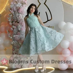 Blooms Sweet Mint Green Lace A-Line Customized Prom Dress For Birthday Pleated Halter Evening Dress Party Gown Short Dress