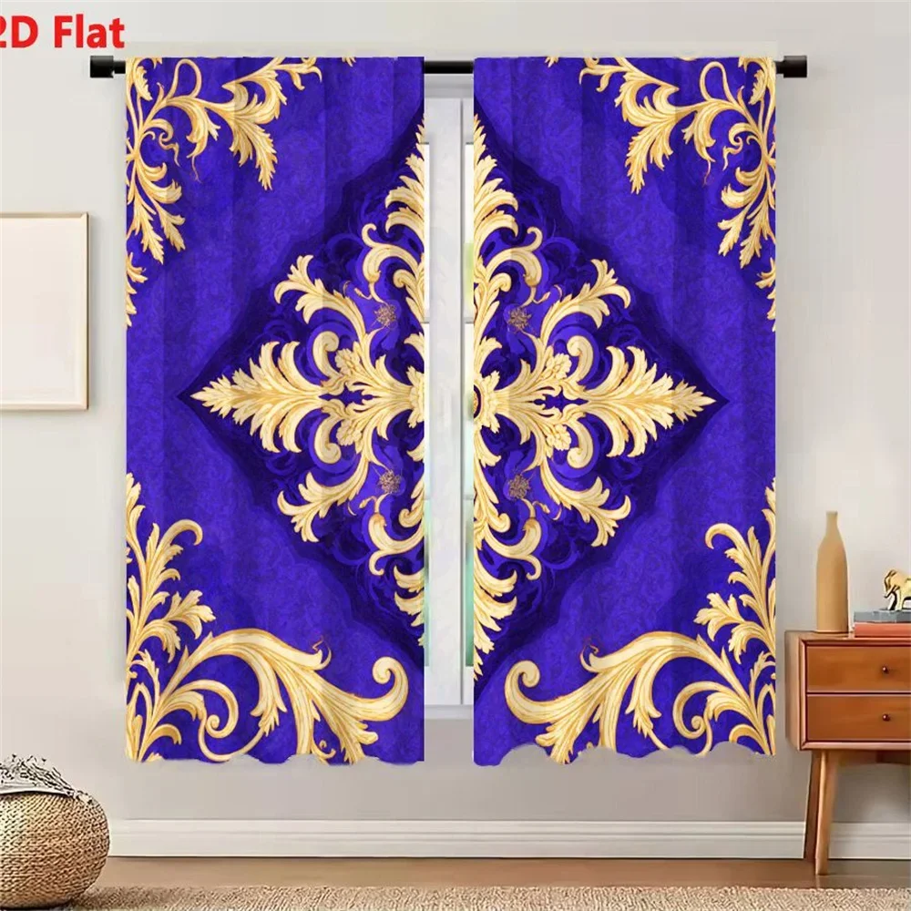 Elegant Royal Blue and Gold Baroque Pattern Curtain Panels for Living Room Home Decor Window Treatment