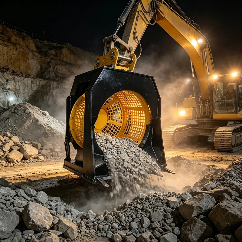 Excavator Aggregate Screening Bucket Heavy Duty Hydraulic Rotary Attachment for Quarry Construction Material Sorting