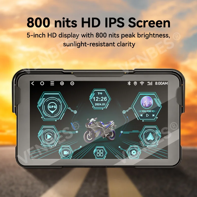 VENBES 5‘’ Motorcycle Carplay Navigation Android Auto Motor IPS Screen IP67 Easy to Install Universal image 4
