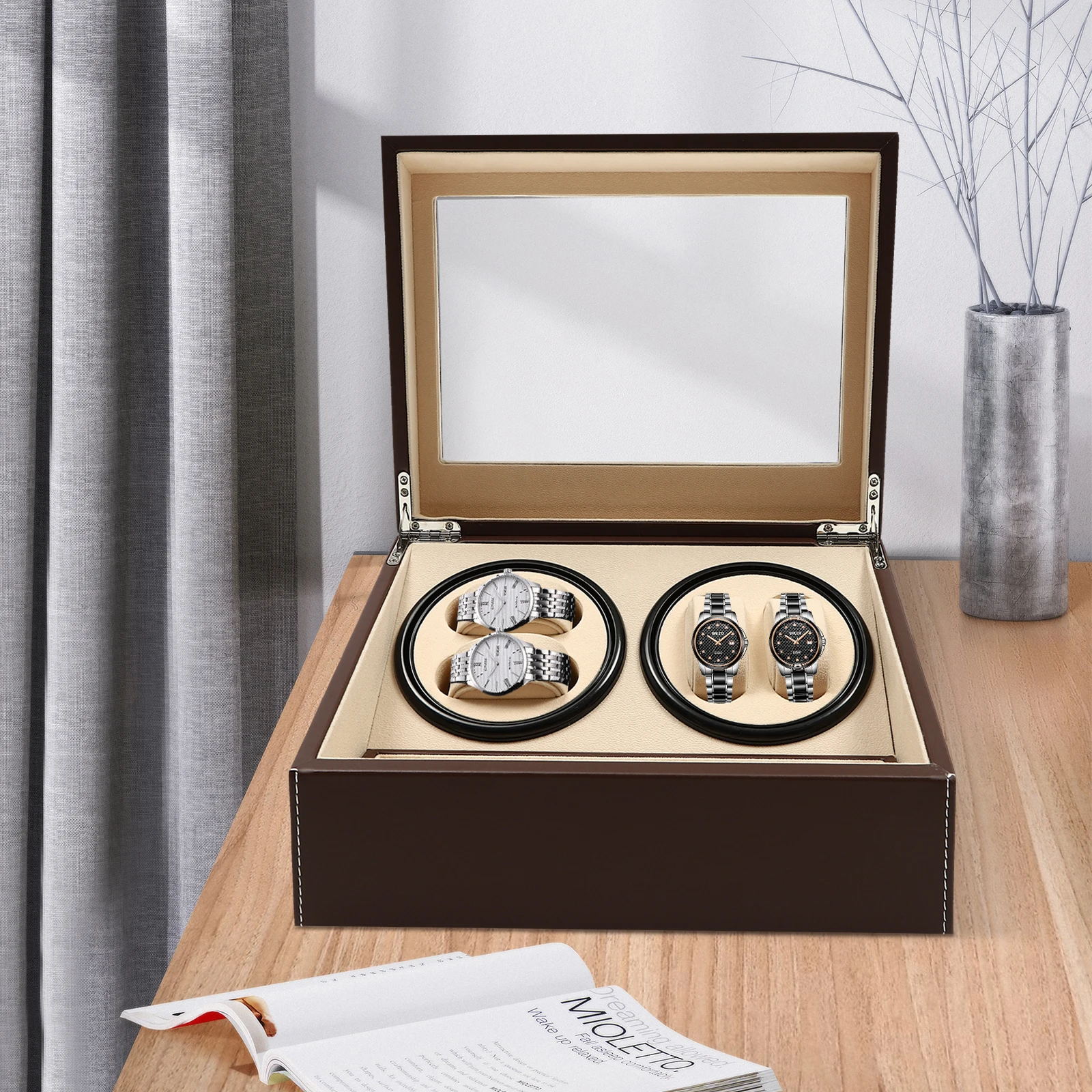 4+6 Watch Winder Watch Box Automatic Watch Winder Box Watch Storage Case Quiet Motor Brown