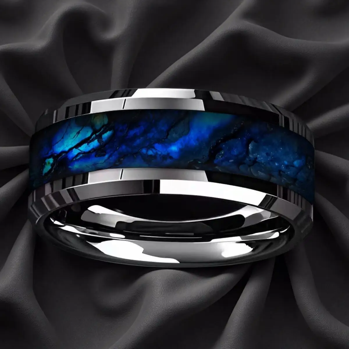 Fashion 8mm Men Stainless Steel Ring Inlay Galaxy Style Blue Turquoise Crushed Stone Rings For Men Wedding Band Jewelry Gifts
