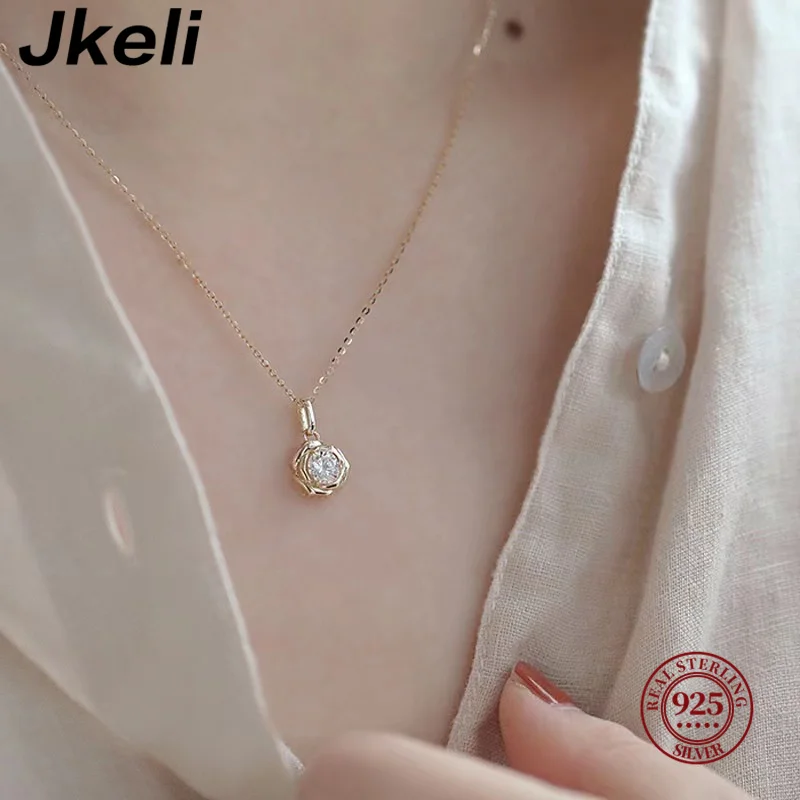 Jkeli 925 스털링 실버 도금 14k 골드 샤이니 지르콘 플라워 목걸이, 여성 소녀 한국 템퍼러먼트, 절묘한 보석 선물