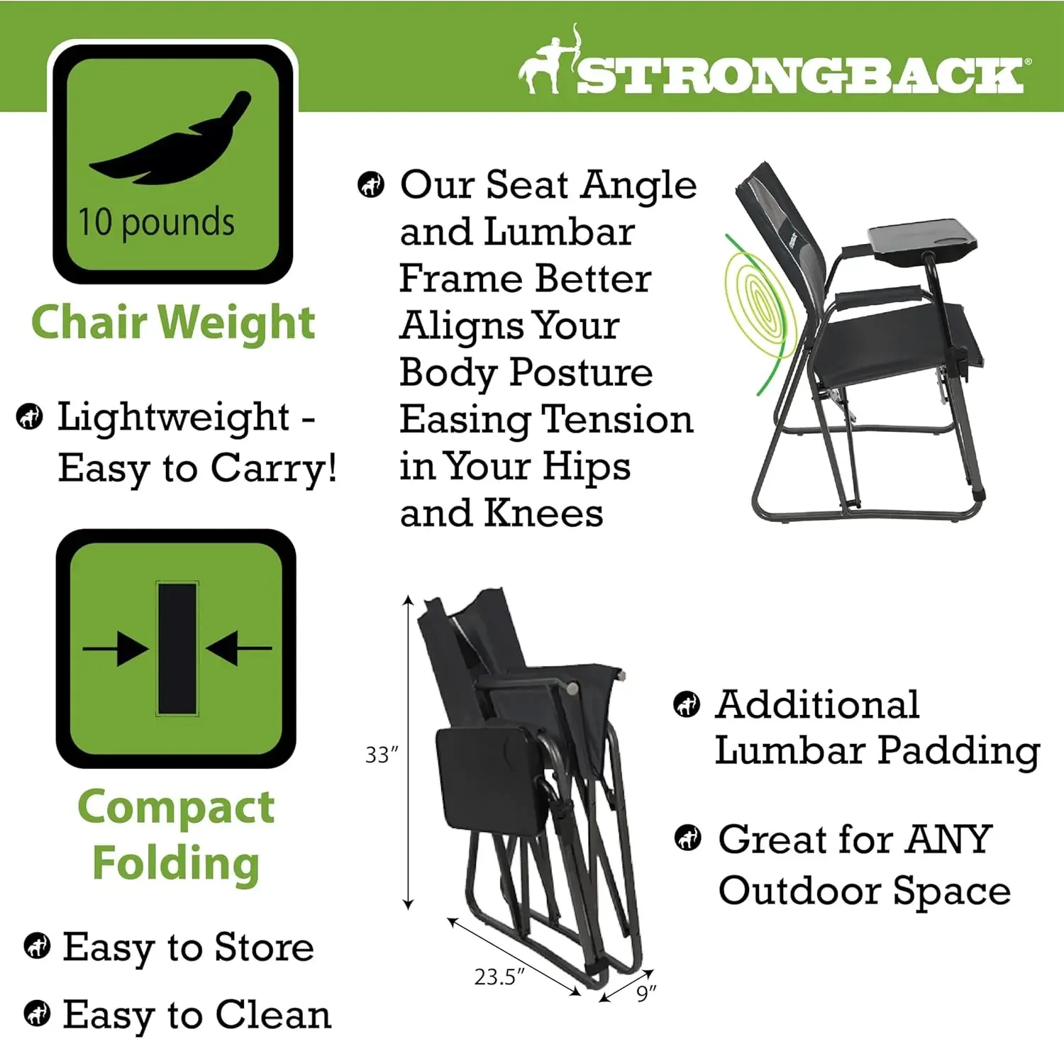 Chaise de camping RapDuty avec table d'appoint, directrice avec support dorsal lombaire innovant