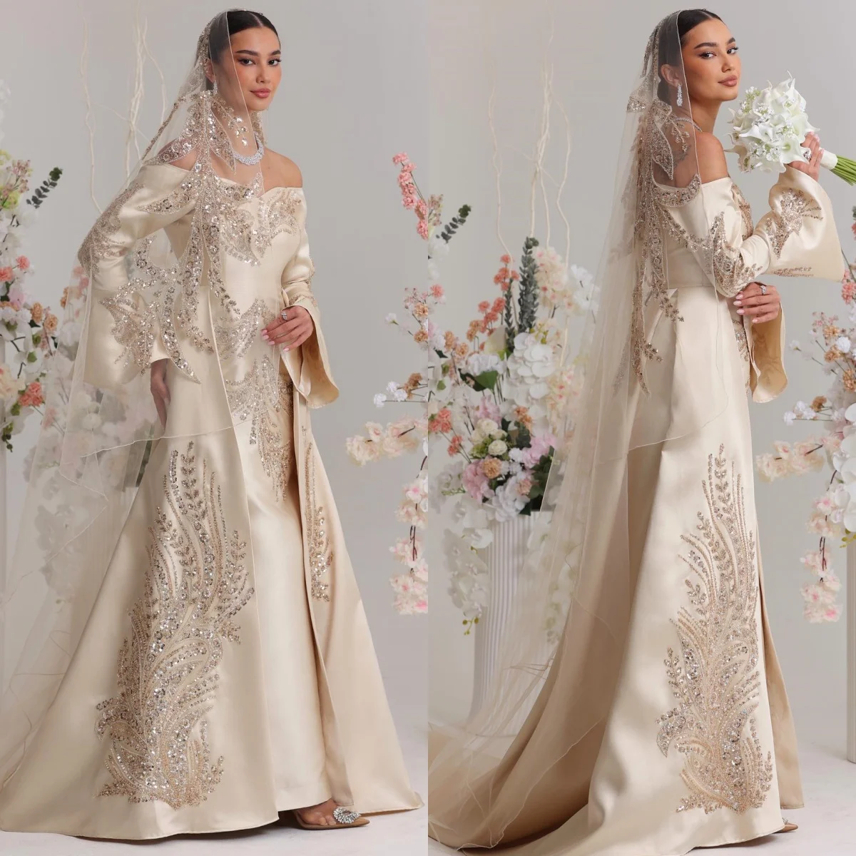 Abito da sposa personalizzato con maniche svasate squisite di lusso champagne, maniche lunghe, spalle scoperte, festa nuziale con paillettes ricamate