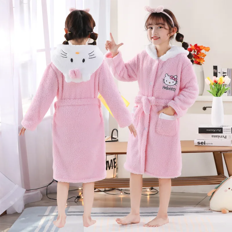 Miniso Hello Kitty Girls Nightgown Children Thicken Flannel Bathrobe Girls Coral Velvet Hooded Homewear Teenager Bath Robe Young