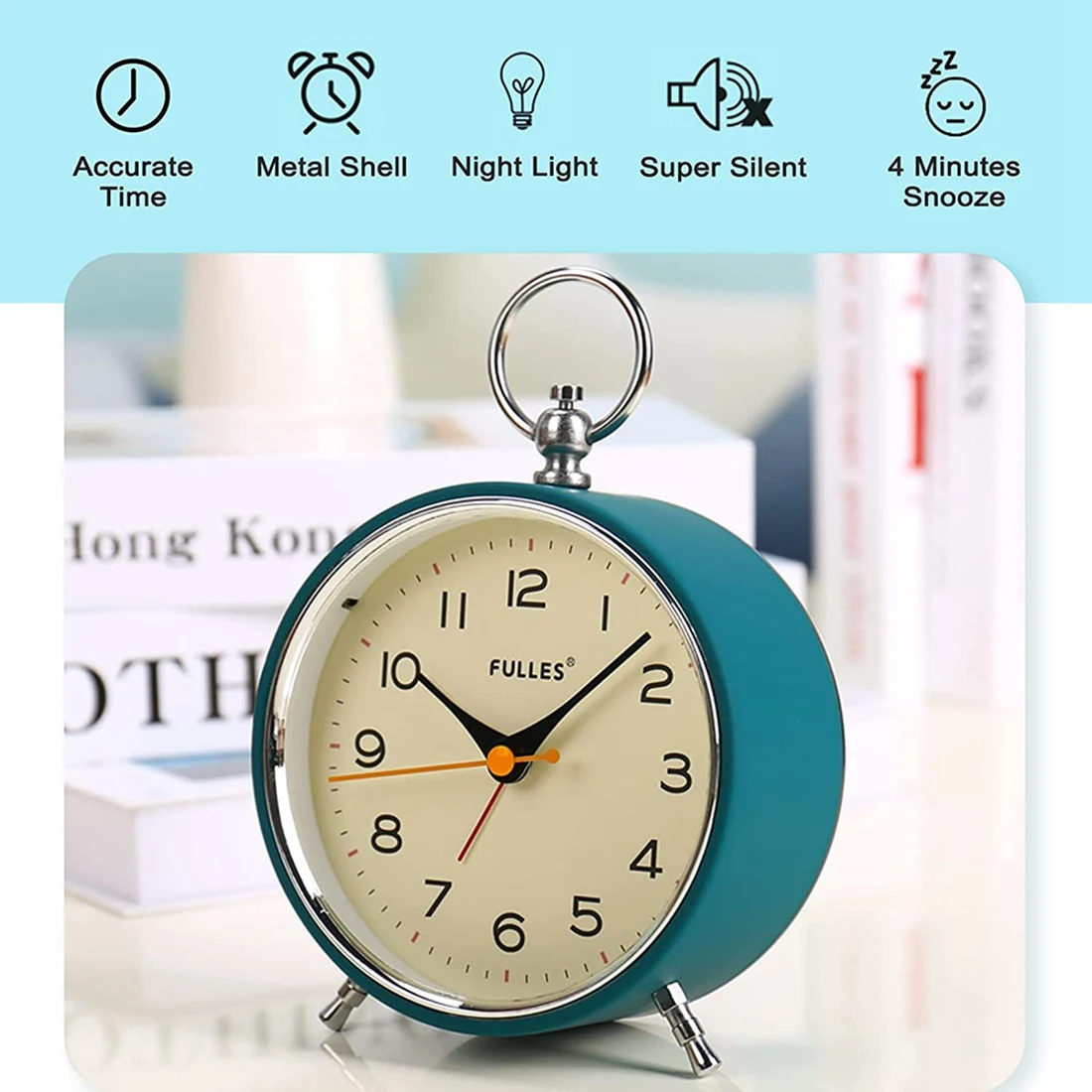 Analog Alarm Clock Non Ticking with Night Light Retro Silent Alarm Clock Battery Operated Mini Clock for Kids Bedroom A