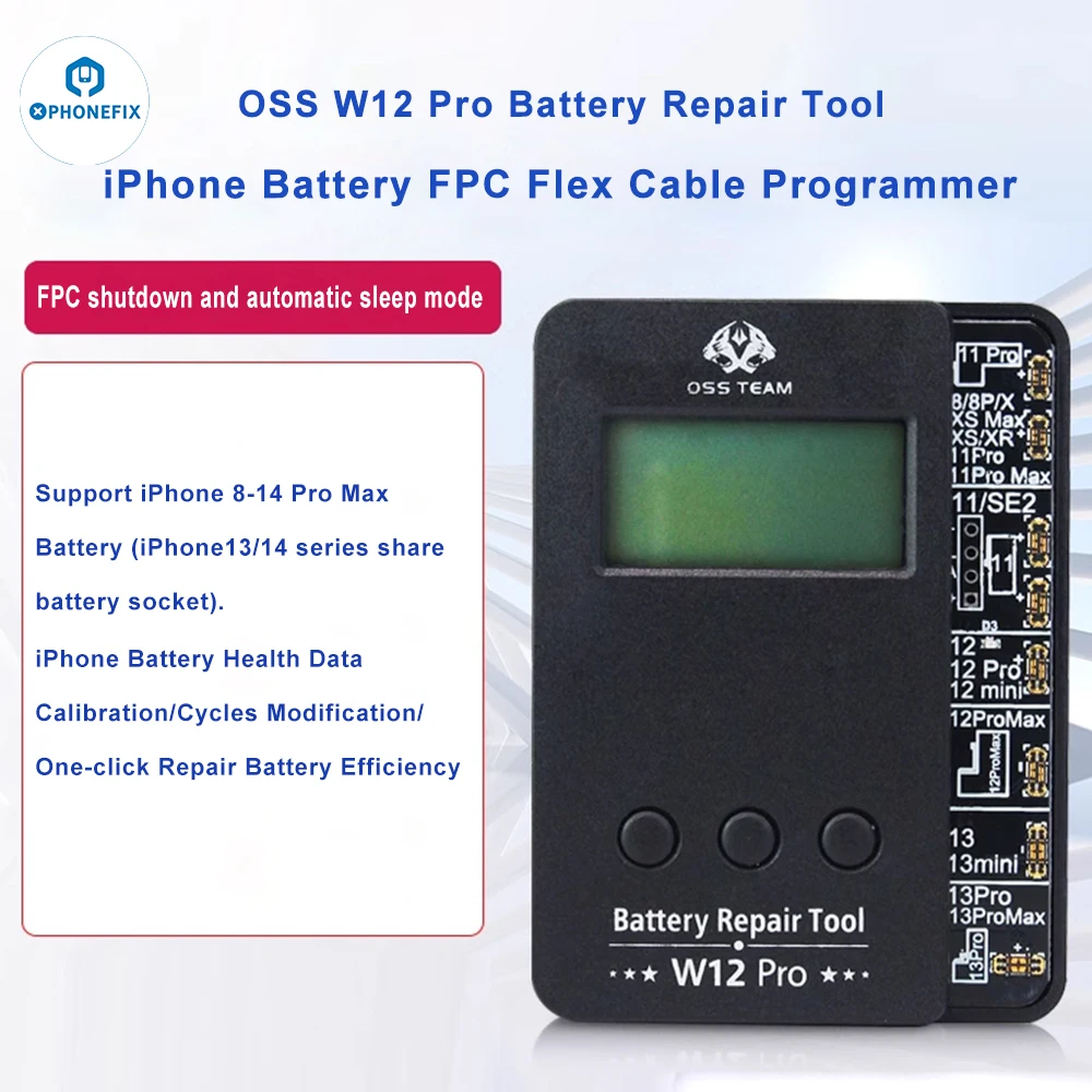OSS W12 Pro เครื่องตั้งโปรแกรมซ่อมแซมแบตเตอรี่สำหรับ iPhone 11, 12, 13, 14 Pro Max การซ่อมข้อมูลผิดพลาดการแจ้งเตือนสุขภาพเครื่องมือปรับเปลี่ยนครั้ง