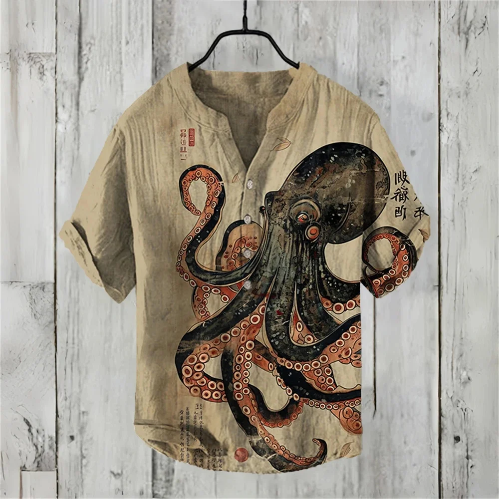 Summer men's short-sleeved POLO shirt linen printed shirt European and American popular elements original octopus printed shirt