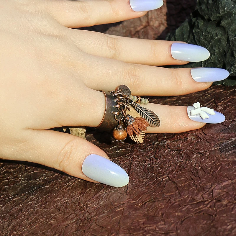 Bohemian Feather Tassel Rings for Women Vintage Adjustable Opening Ring Beads Tassel Geometric Wide Band Couple Ring