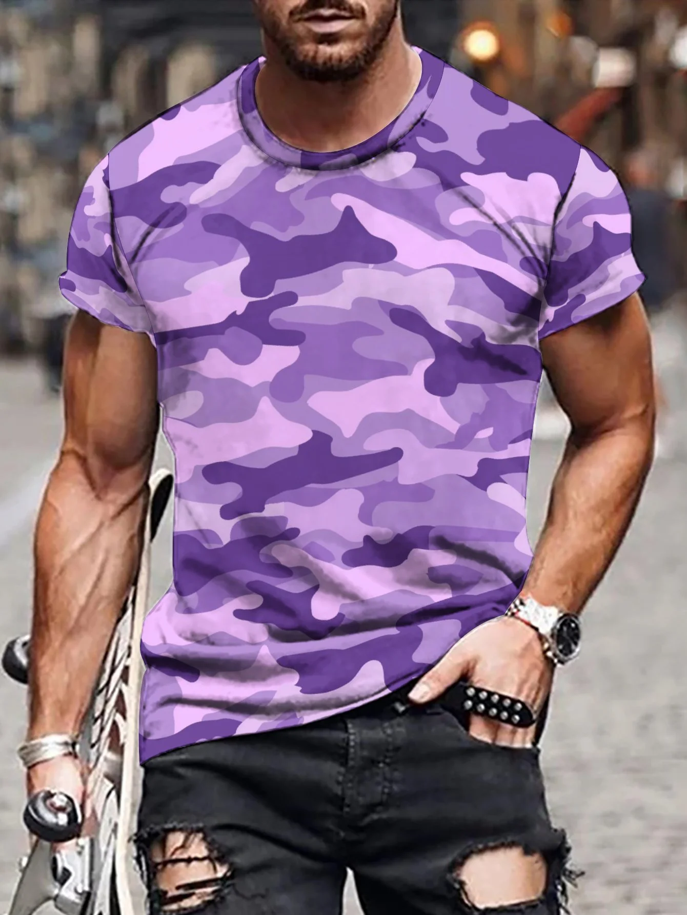 2024 New Men's 3D Graffiti Camouflage Pattern T-shirt, Casual Cool Micro Elastic Breathable T-shirt, Summer Outdoor Men's Wear