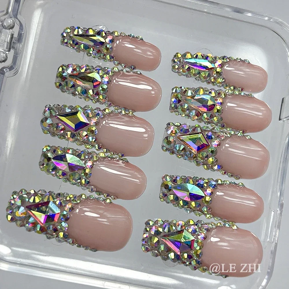 French AB Diamond Short Coffin Stilettos Cuspidal Full Coverage Nails Flicker Handmade Nude High-end Custom Press on Nails Art