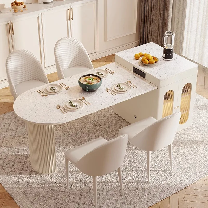 Retractable island rock slab dining table integrated light luxury oval home French