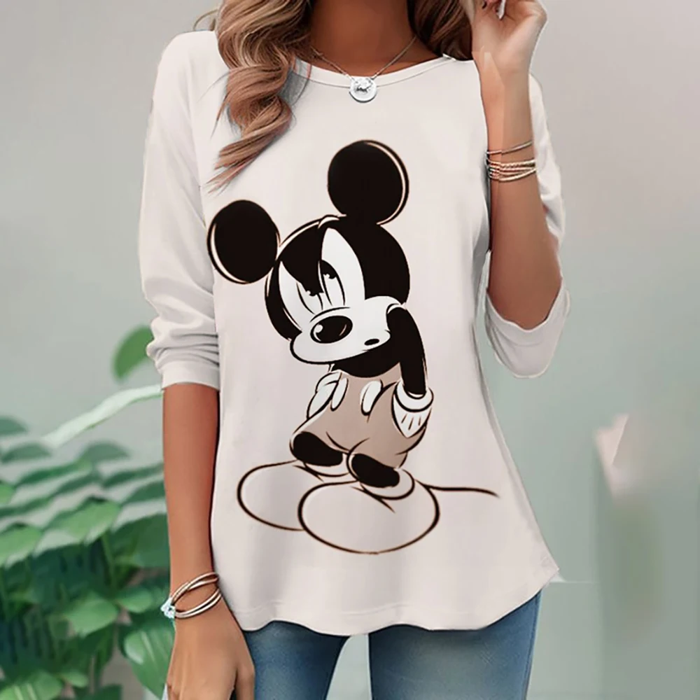 Disney Mickey Mouse Printed Autumn Women's Long Sleeve T-shirt, Oversized Round Neck T-shirt, Pullovers Top Pattern T-shirt, Cas