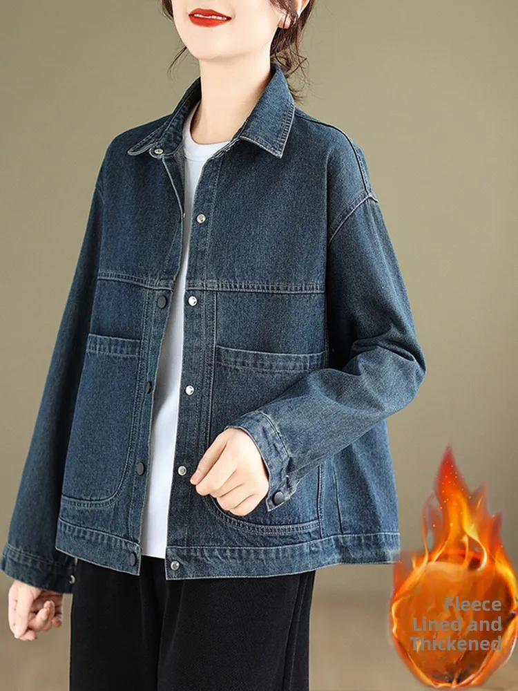 

Женское свободное винтажное джинсовое платье, весенне-осеннее новое пальто с большим каптом, повседневное универсальное пальто с воротником-джатом на пуговицах