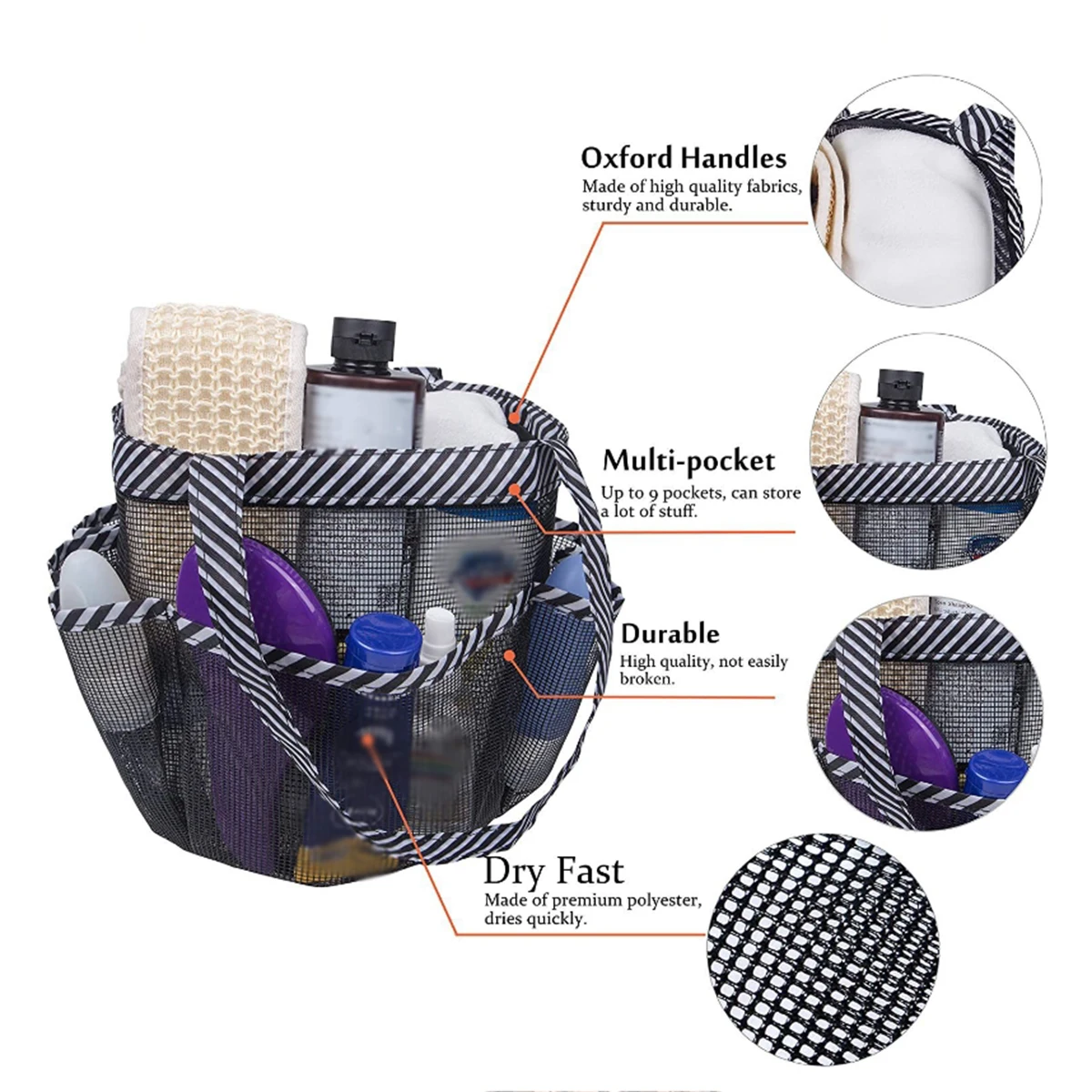Striped toiletry bag Unisex Bathroom foldable mesh toiletry bag Portable multifunctional handheld bath bag