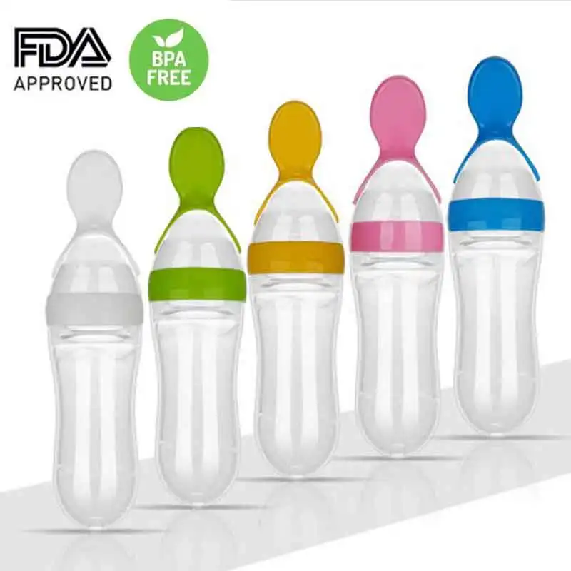 Safe Useful Silicone Baby Bottle With Spoon Food Supplement Rice Cereal Bottles Squeeze Spoon Milk Feeding Bottle Cup