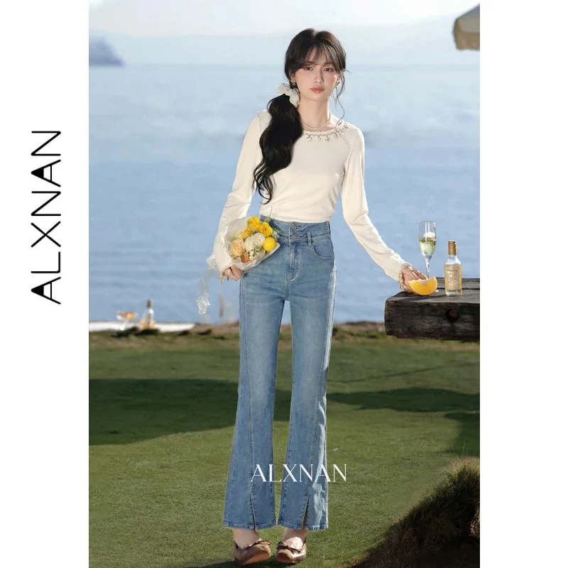 ALXNAN Vintage Blue Flared Jeans Women High Waist Split Hem Bootcut Casual Straight Denim Pants 2026 Trousers Ladies L61383A