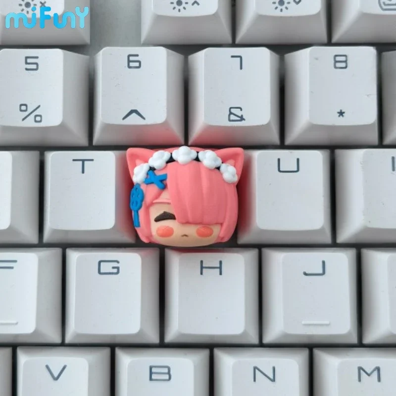 Cute Anime Cartoon Keycaps Rem/Ram/Emilia/Witch 3D Resin Printing R4 Handmade Customized Mechanical Keyboard Keycaps Accessories