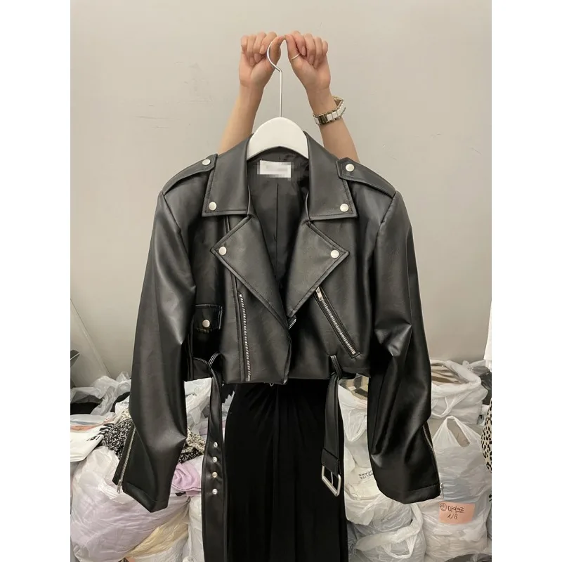 Women's Spring Autumn Jacket Tops Leather Short Solid Color Zipper Loose Fashion Premium Design Leisure Simple Brand Soft Niche