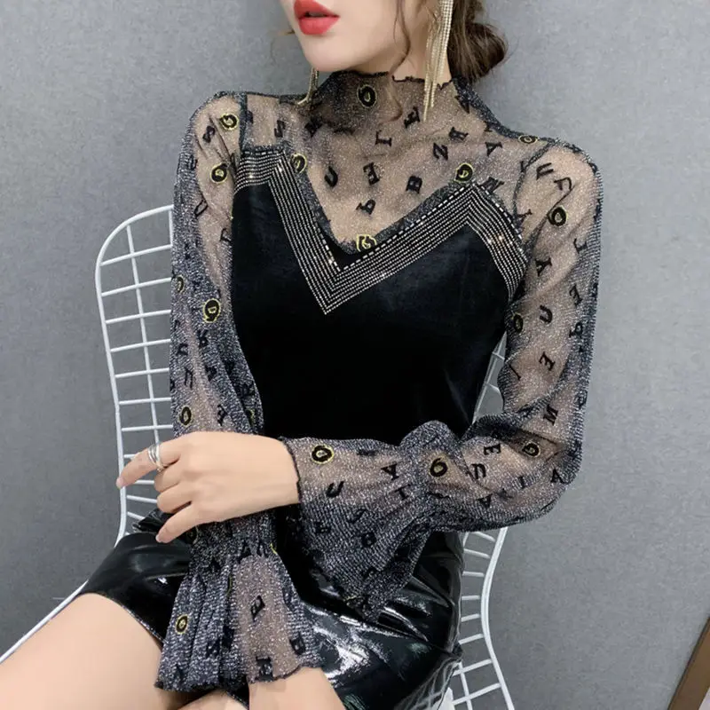 

2024 New Mesh Women's Spring and Autumn Spliced Half High Collar Lace Rhinestone Fashion Slim Fit Versatile Sexy Long Sleeve Top