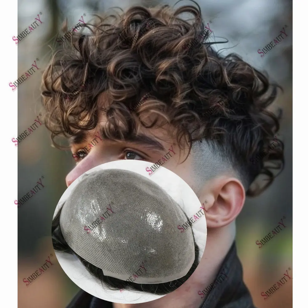 

24mm Curly Durable Thin Skin Base Human Hair Toupee for Men Natural Hairline V Looped Men Capillary Prothesis System Male Wig