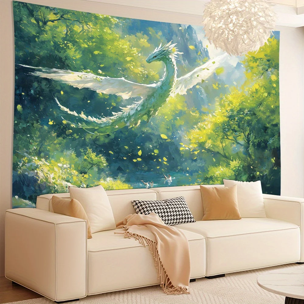 Winged Green Dragon Tapestry, Enchanted Forest Stream Mythical Beast Fantasy Oil Painting Wall Cloth For Bedroom Home Decor