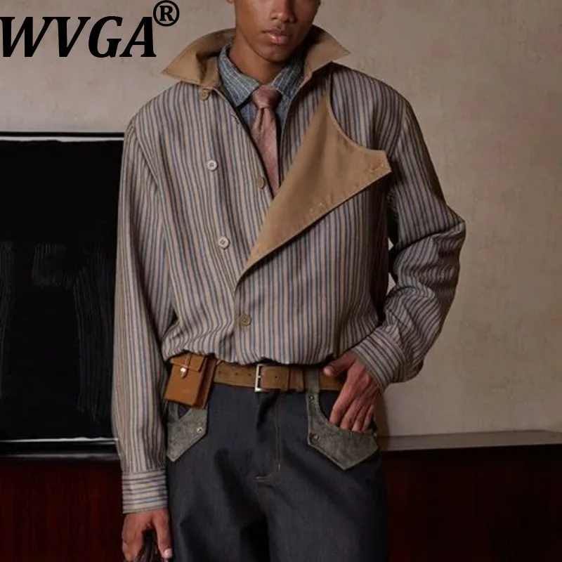 

WVGA Autumn Winter New Men Tide Trendy Design Placket Striped Button Coat Niche Chic Casual Stand Collar Long Sleeve Tops W16428