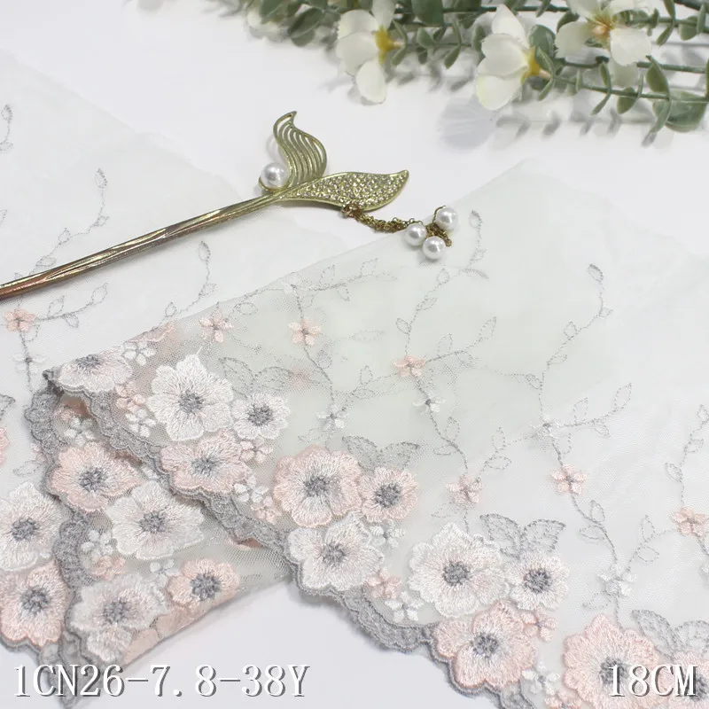 32Yards Light Pink Floral Embroidery Lace Trim For Skirt Hem Underwear Sewing Craft Wedding Apparel Fabrics Lace Lingerie 18cm