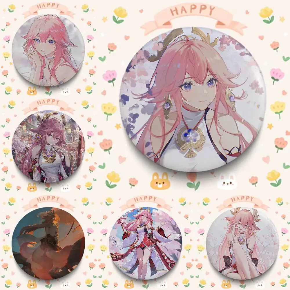 1pc Yae Miko Genshin Impact Badges 25 32 44 58 75 Mm Round Cosplay Pin Bag Decor Fans Collect Friends Gifts Brooch Souvenir