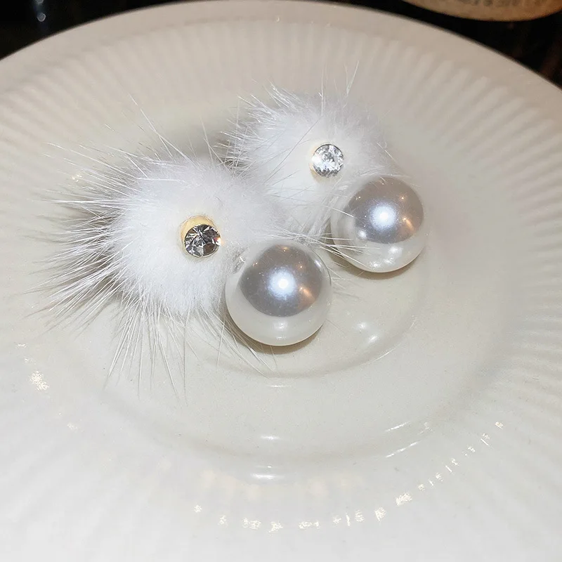 Big Pearl Hairy Fluff Earring Drop Earrings for Girls Cute Japanese Students Autumn Winter Plush Ball Ear Drops Jewelry Earrings