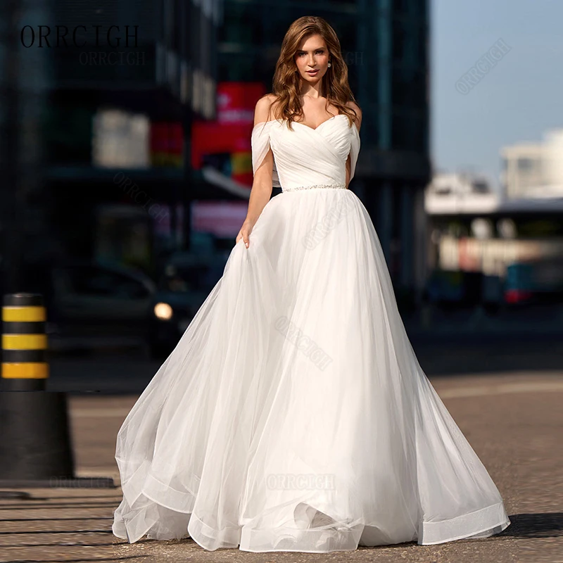 Off Shoulder Tulle Wedding Dresses for Bride Pleated Floor Length Corset Long Bridal Gown Plus Size Customizable