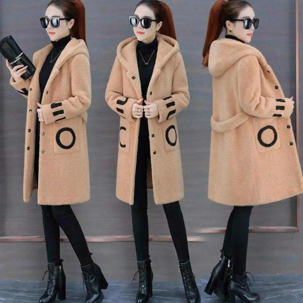 Women Imitation Lambswool Overcoat Thickened Hooded Long Sleeve Pockets Letter Print Single Breasted Plush Coat Winter Cardigan