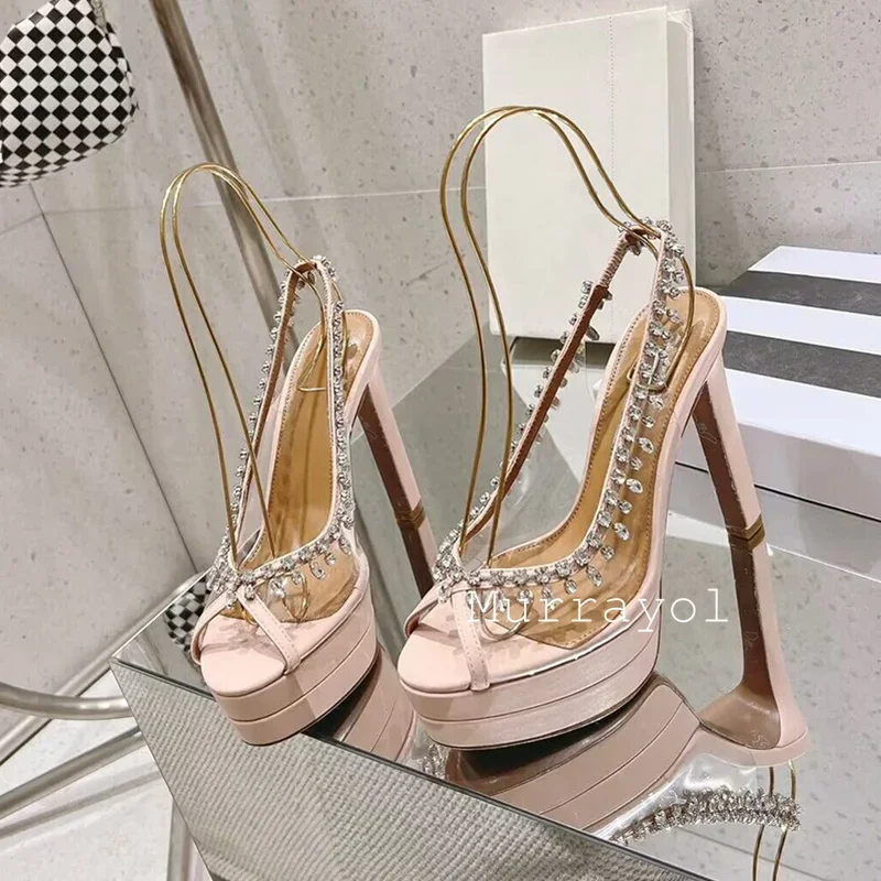 Rhinestone Edging Waterproof Platform Sandalias Women Peep Toe Pvc Transparent High-heel Sandals Summer Party Dress Shoes Pumps