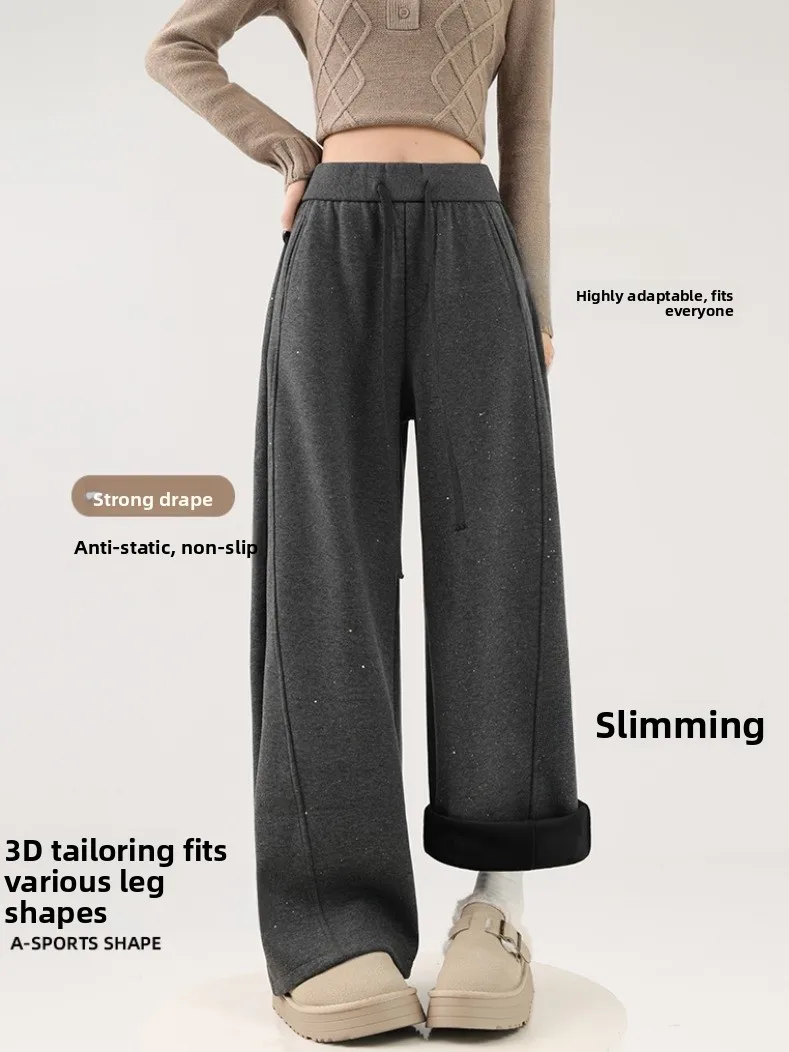 Ay iny lantejoulas fce forrado camere calças de perna larga mulheres inverno thi cintura alta drape solto casual faca calças
