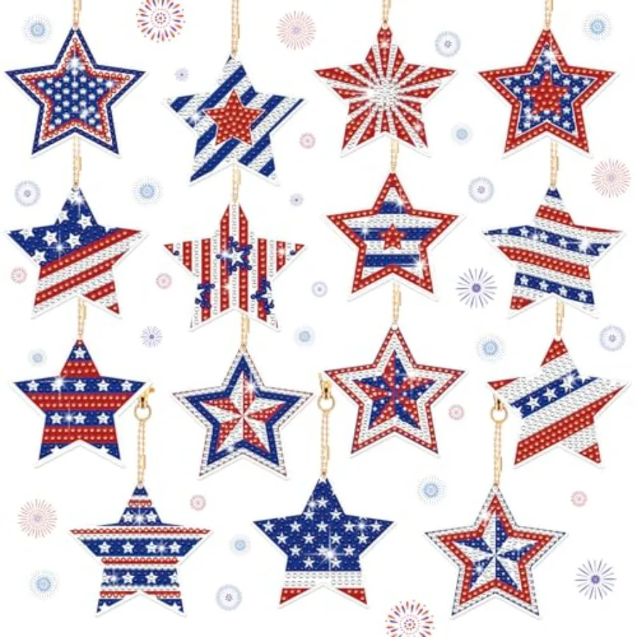 

15 Pcs 4th of July Star Diamond Art Keychains Patriotic Star Ornaments 250th Anniversary Memorial Day Painting Keychains Red Wh